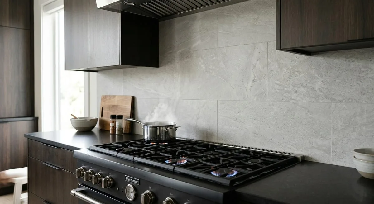 Large-format porcelain backsplash with minimal grout lines in a clean contemporary kitchen behind a gas range
