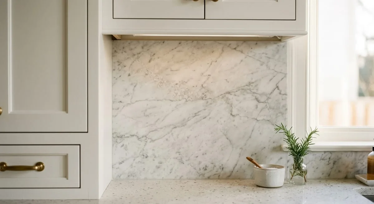 Natural marble backsplash with gray veining in a high-end kitchen, showcasing timeless stone material for upscale home renovations