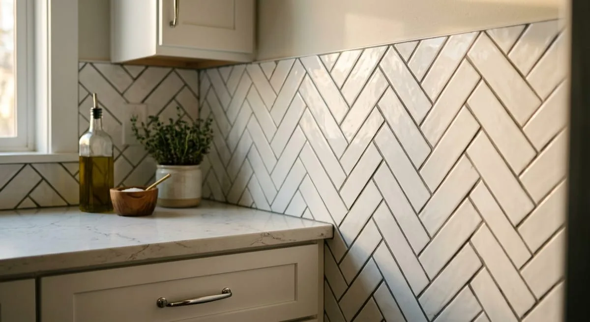 Herringbone backsplash layout with white subway tile behind simple shaker cabinets and light quartz countertop