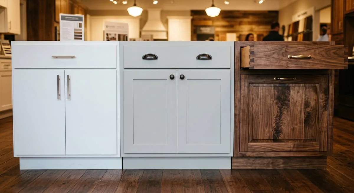 Atlanta kitchen cabinet cost tiers shown side-by-side, stock, semi-custom, and custom cabinet quality comparison