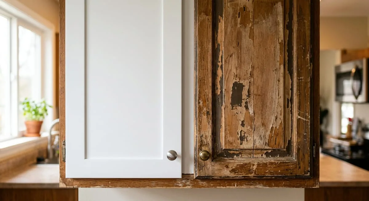 Kitchen cabinet refinish vs reface comparison showing painted door next to original worn cabinet surface in Atlanta home
