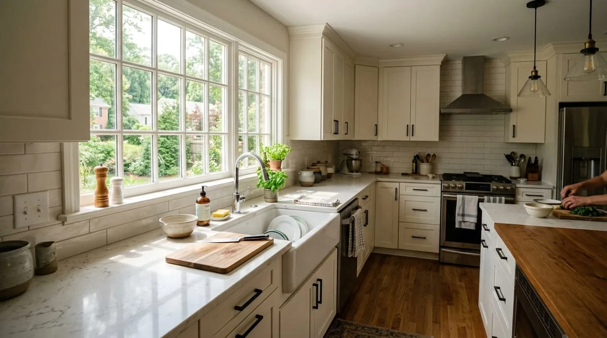 Installed quartz kitchen countertops in a North Atlanta home showing fabricated stone surface and cabinetry