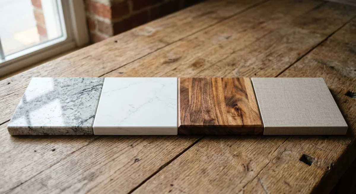 Kitchen countertop material samples showing granite, quartz, butcher block, and laminate installed cost comparison