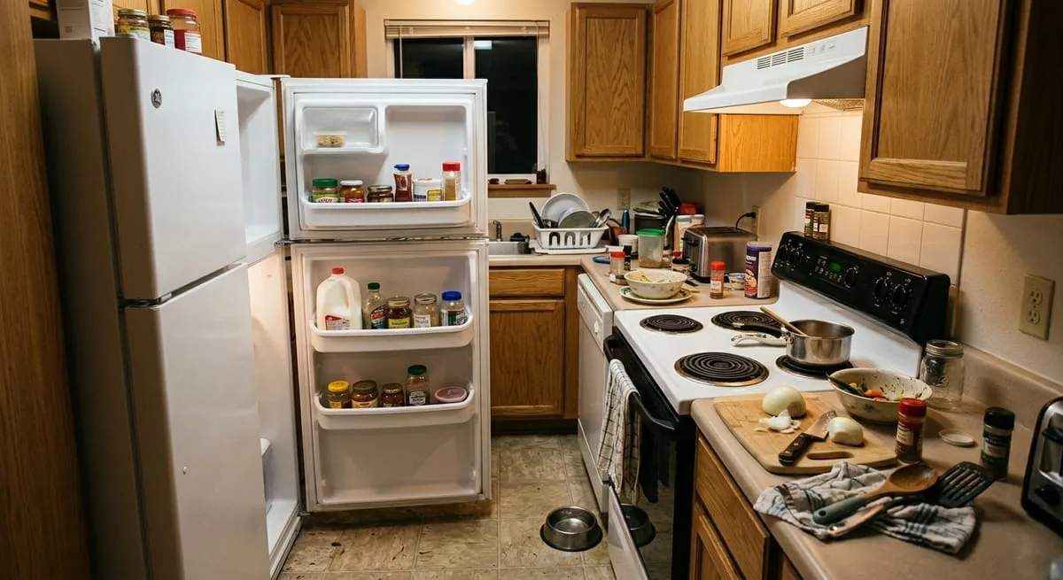 Cramped builder-grade kitchen where refrigerator door blocks stove access, showing why kitchen layout matters more than finishes