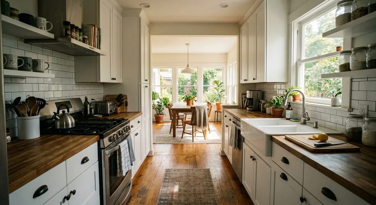 Galley kitchen design with parallel cabinets and open corridor leading to dining area in a compact ranch-style home
