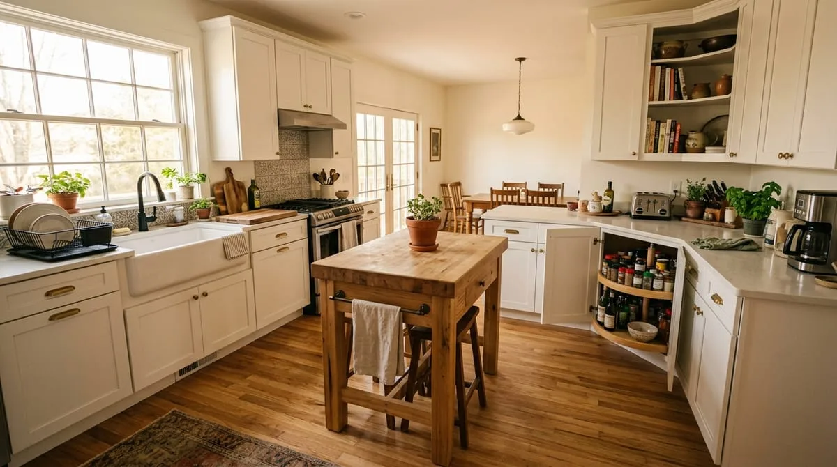 L-shaped kitchen layout with white shaker cabinets, center island, and open corner cabinetry in a family home