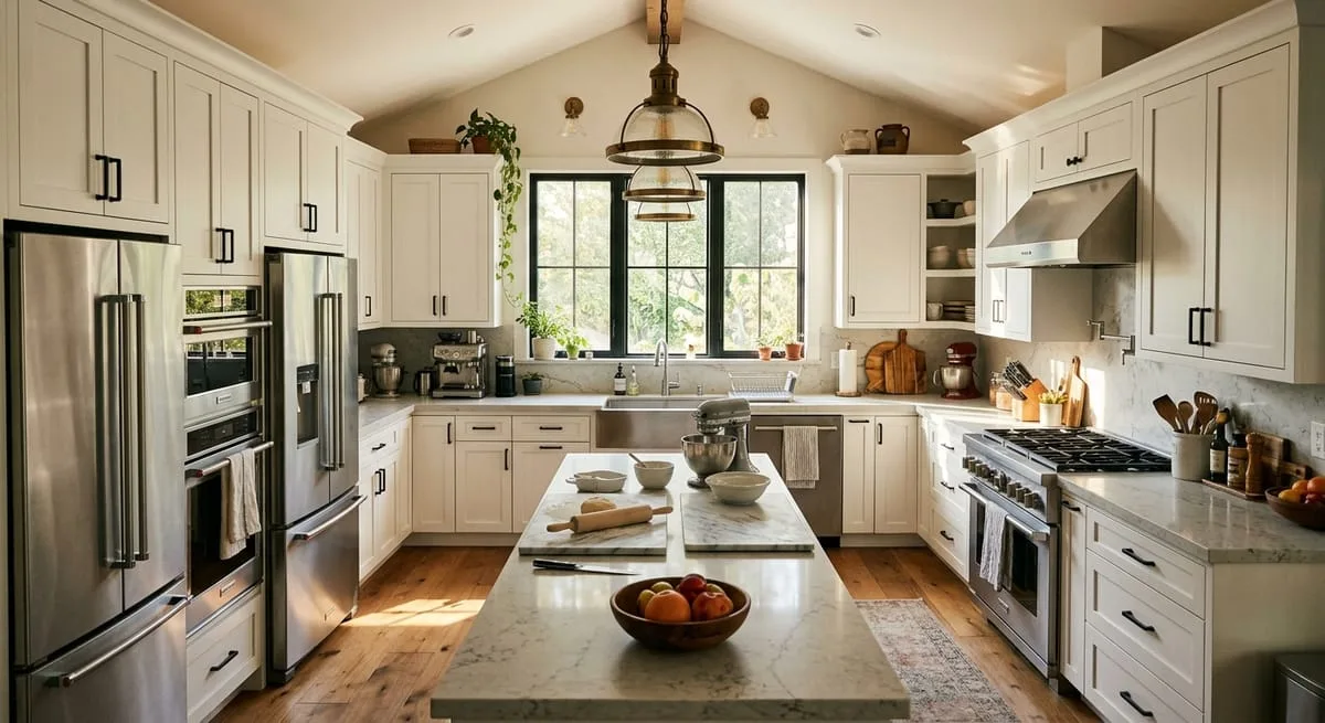U-shaped kitchen layout with three walls of cabinetry, dedicated prep zones, and abundant counter space for serious home cooks