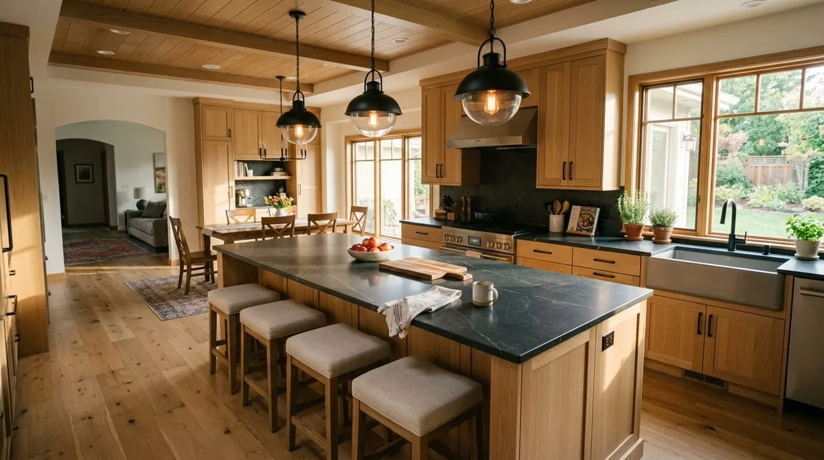 Island kitchen design with dark quartz countertop, built-in seating, and pendant lighting in a North Atlanta suburban home