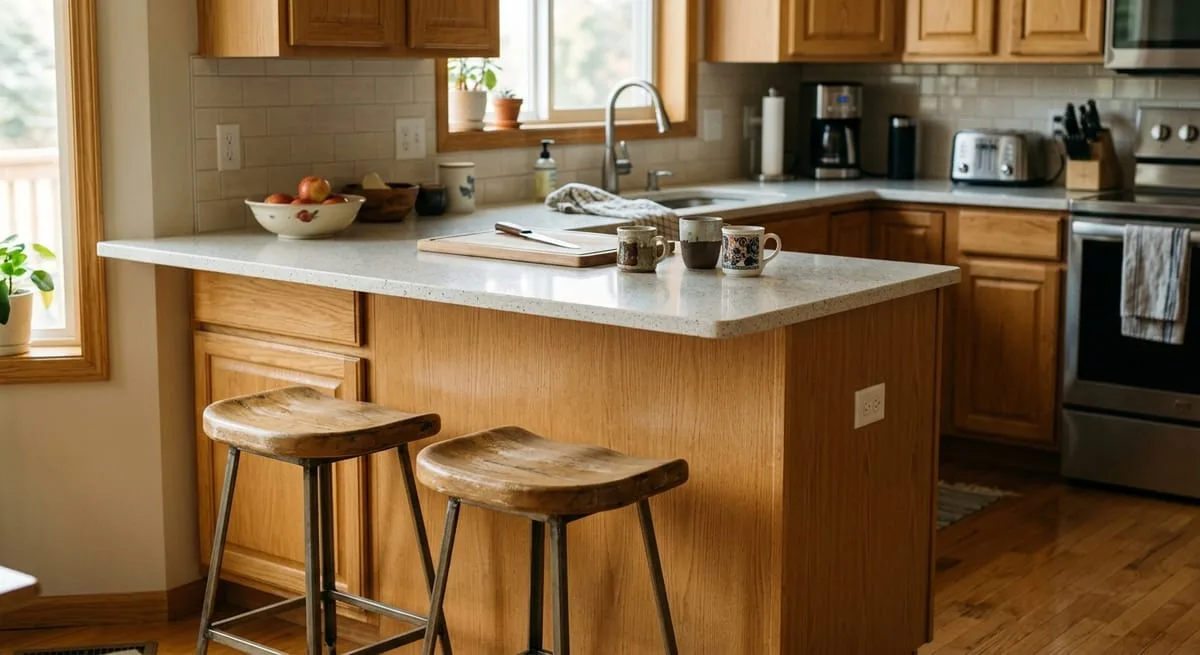 Peninsula kitchen layout with quartz countertop overhang and bar stools in a mid-size suburban home