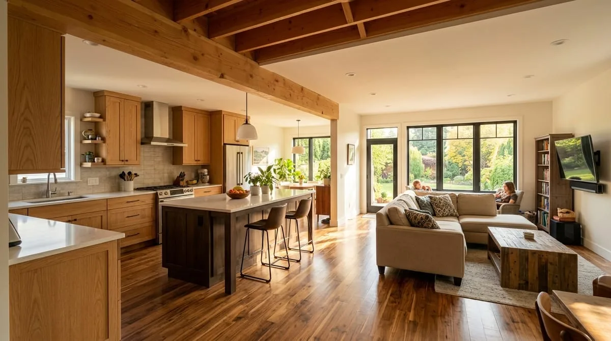 Open-concept kitchen with removed wall and exposed structural beam flowing into living room with natural light and hardwood floors