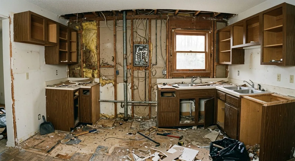 Opened kitchen walls in a North Atlanta home revealing outdated plumbing and wiring during remodel demo