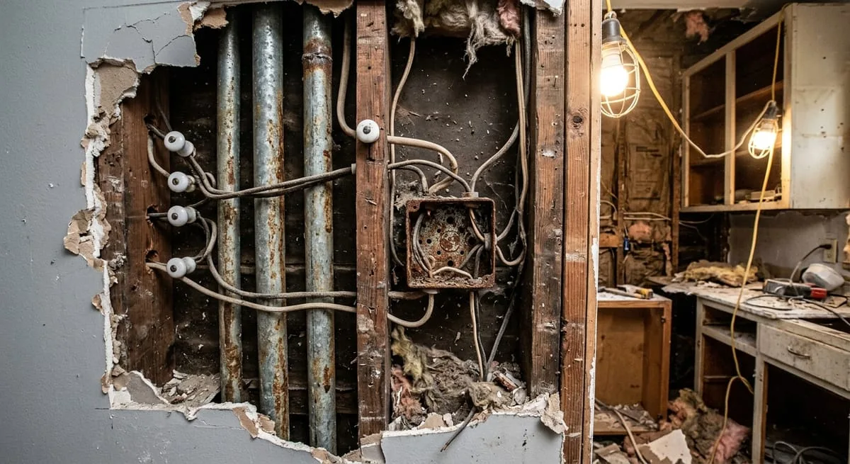 Exposed kitchen wall cavity revealing old galvanized pipes and outdated wiring during remodel, illustrating hidden budget contingency risks