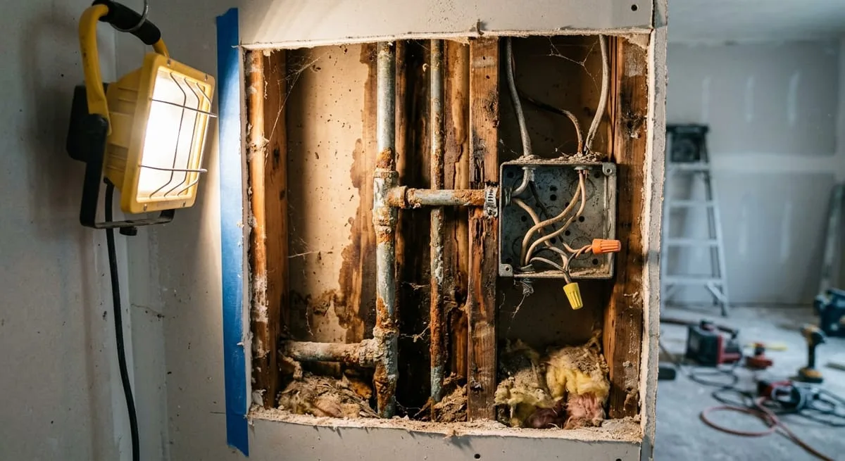 Opened kitchen wall in North Atlanta home revealing galvanized plumbing and outdated wiring common in 1980s Cherokee County construction