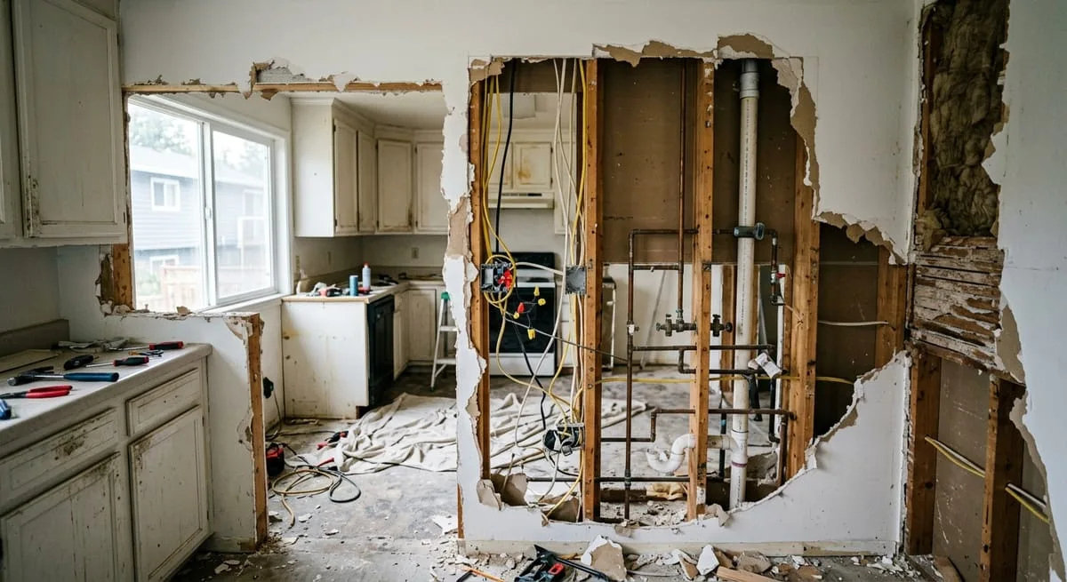 Exposed kitchen wall showing electrical and plumbing rough-in work visible during renovation, illustrating why permits matter before closing walls