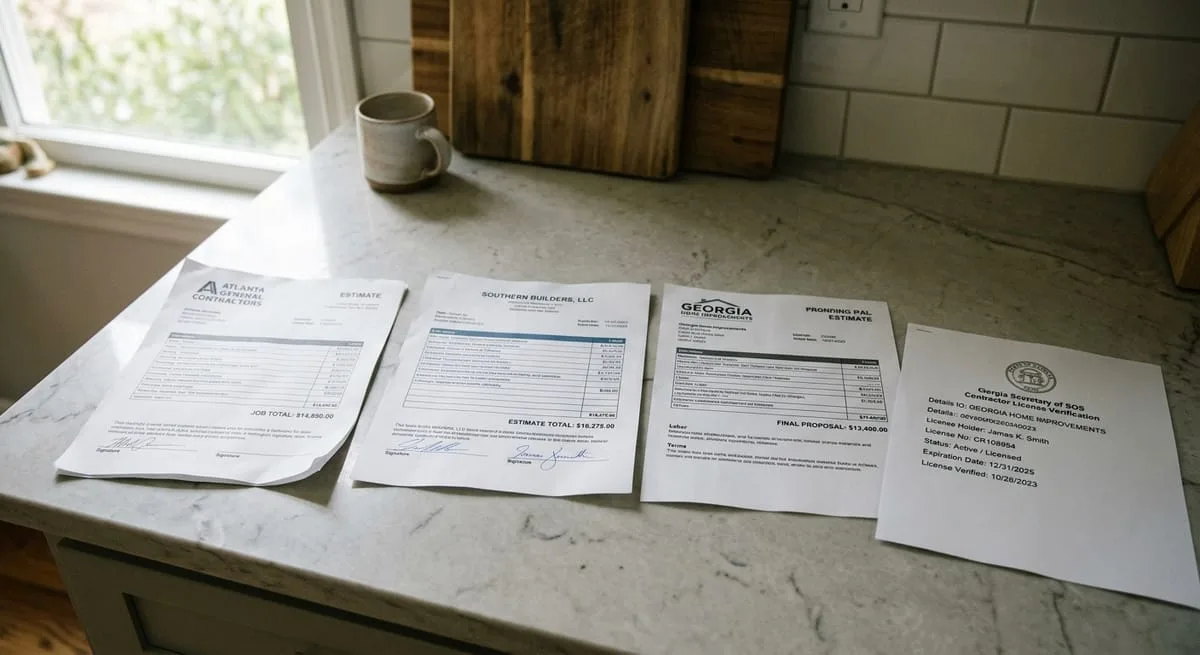 Multiple contractor bids compared on kitchen counter with license verification document, illustrating lowest bid contractor selection risks