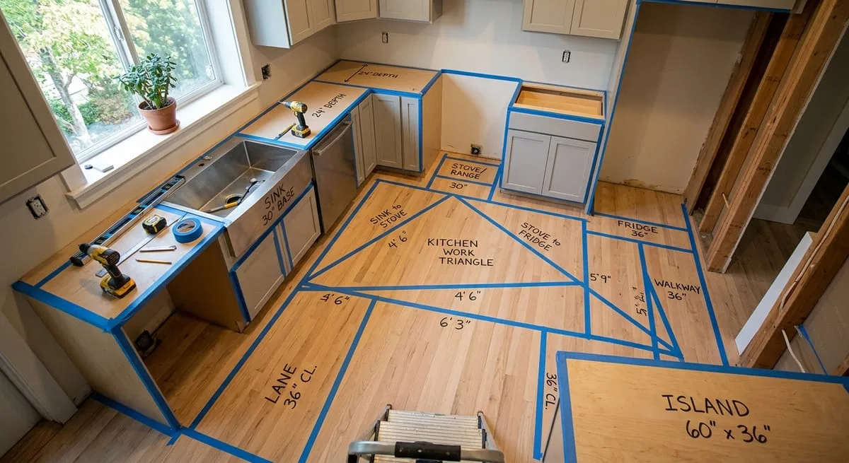 Blue painter's tape marking kitchen workflow triangle layout on hardwood floor to plan traffic lanes before remodel