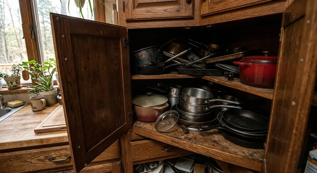 Deep corner kitchen cabinet without pull-out shelving showing inaccessible storage space during cabinet planning remodel