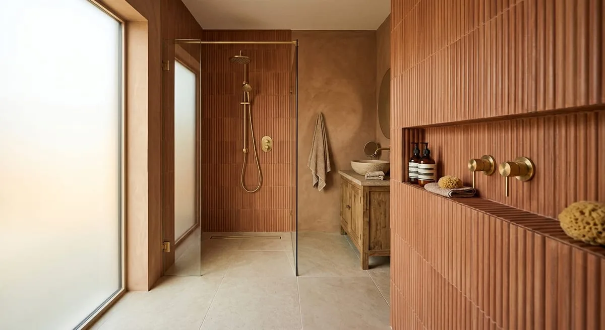 2026 master bath design trend: curbless walk-in shower with warm terracotta fluted tile and brushed gold fixtures