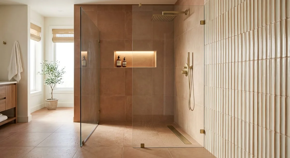 Curbless walk-in shower with warm earthy tile, frameless glass, and brushed gold fixtures illustrating 2026 master bathroom trends