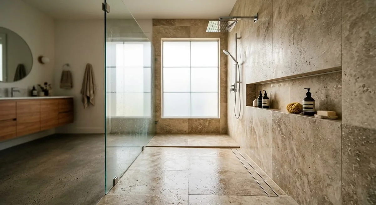 Curbless walk-in shower with large-format stone tile, frameless glass, linear drain, and built-in niche in a spa-style master bathroom