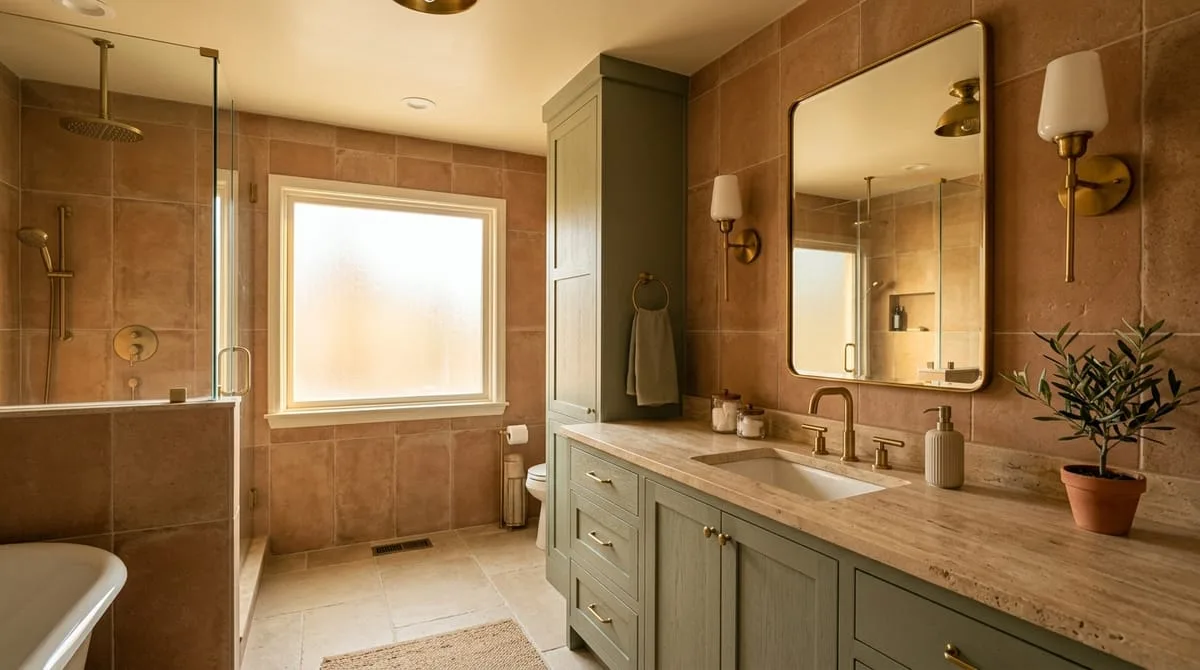 Warm earthy master bathroom color scheme with clay tile walls, sage cabinetry, and brushed brass fixtures in 2026 design