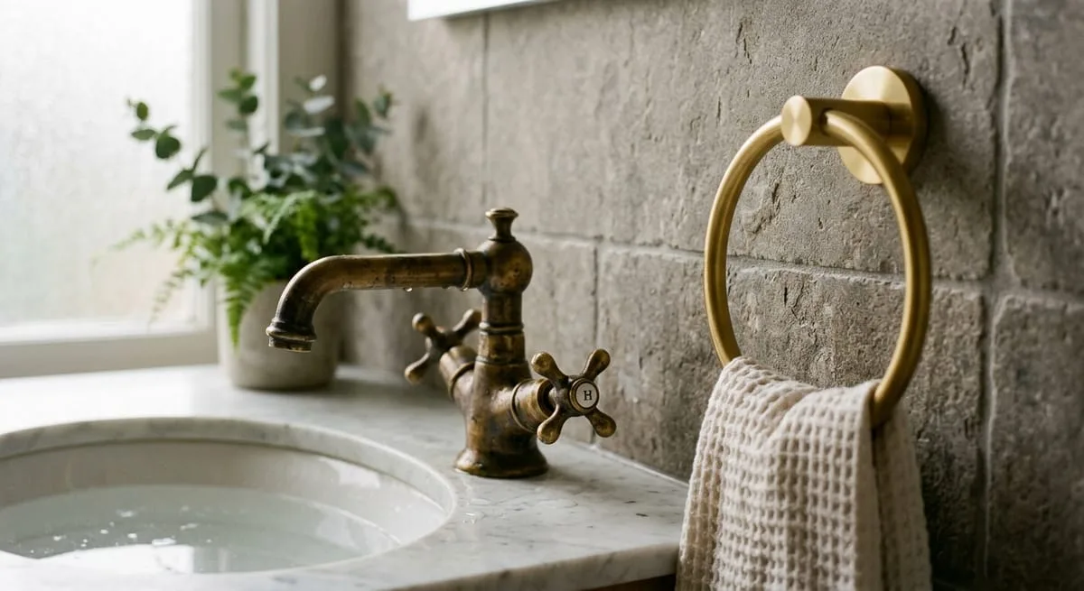 Unlacquered brass faucet and brushed gold towel ring showing warm metal finishes paired together in a luxury bathroom