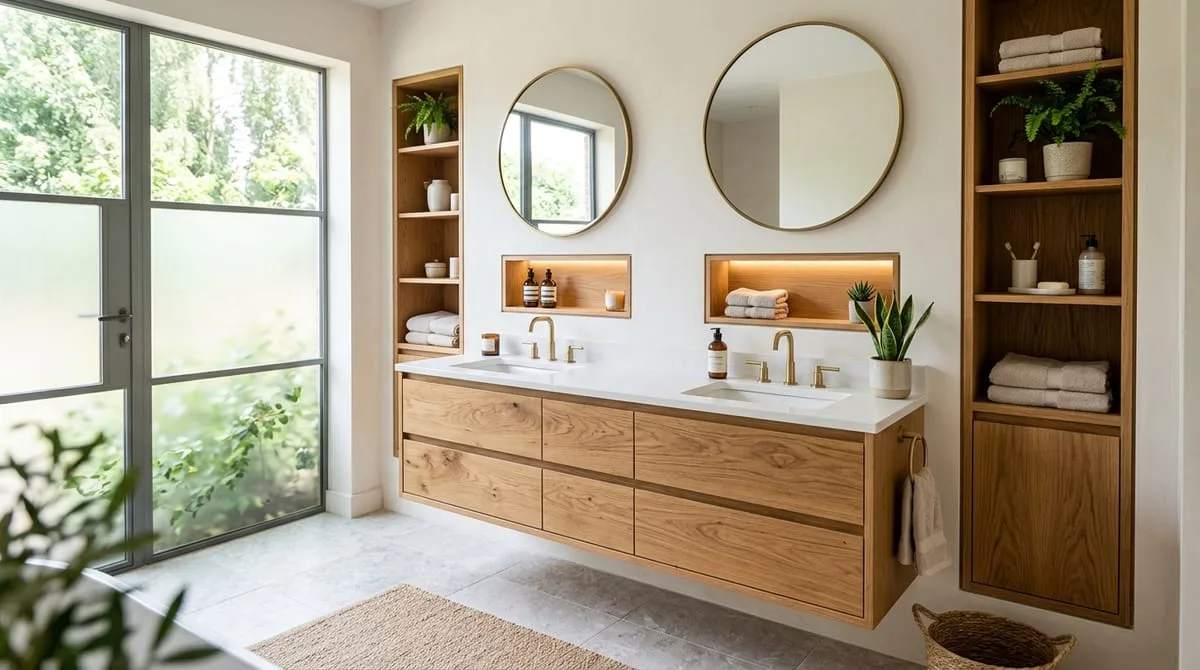 Floating double vanity with oak cabinetry, brushed gold fixtures, and flanking linen tower storage in a master bathroom