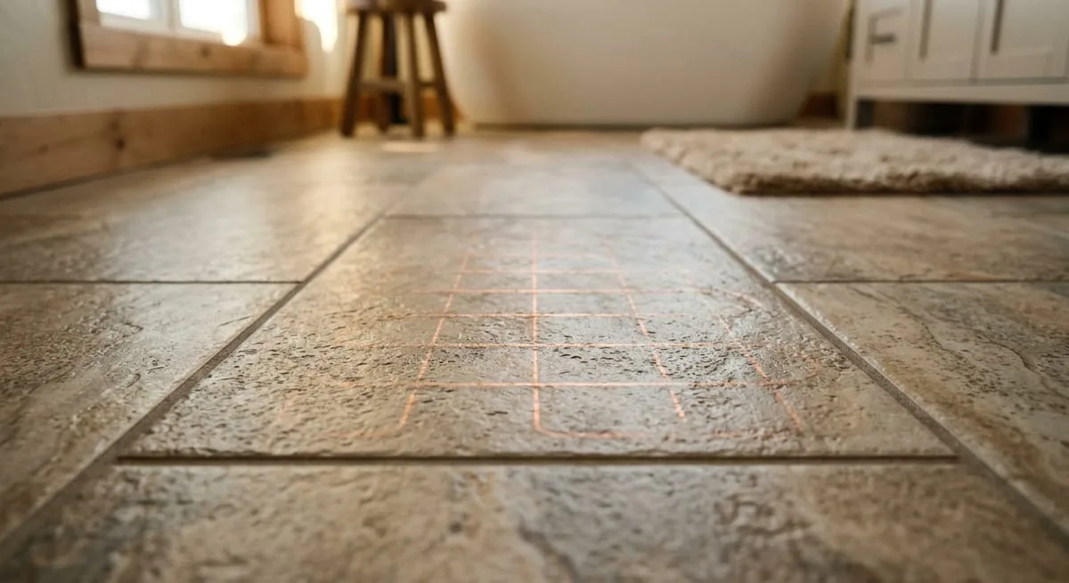 Electric radiant heated bathroom floor with textured stone-look tile in a master bathroom remodel