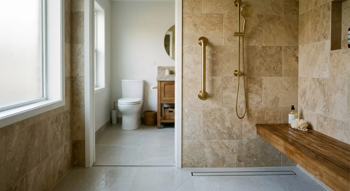 Universal design master bathroom with curbless shower, brushed gold grab bar, and wide doorway clearance for accessibility