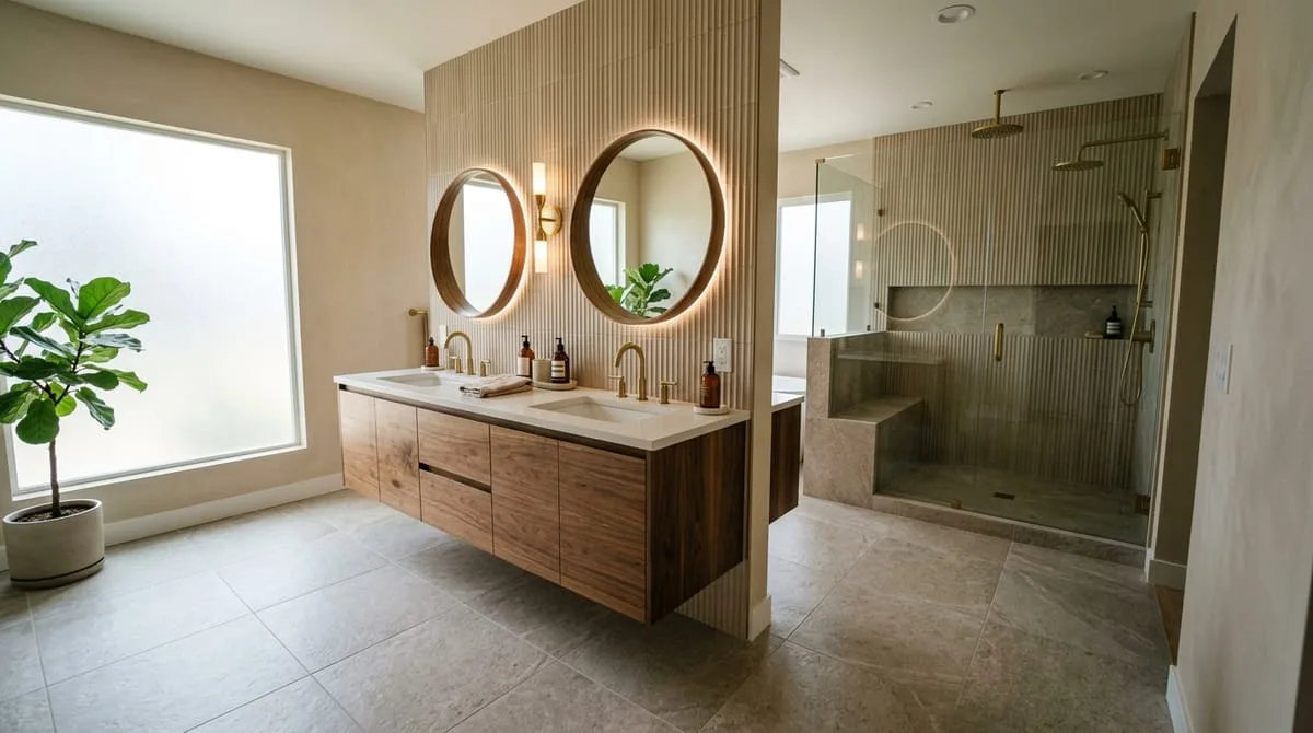 Modern organic primary bathroom with floating walnut vanity, brushed gold fixtures, fluted tile panels, and large-format stone-look porcelain