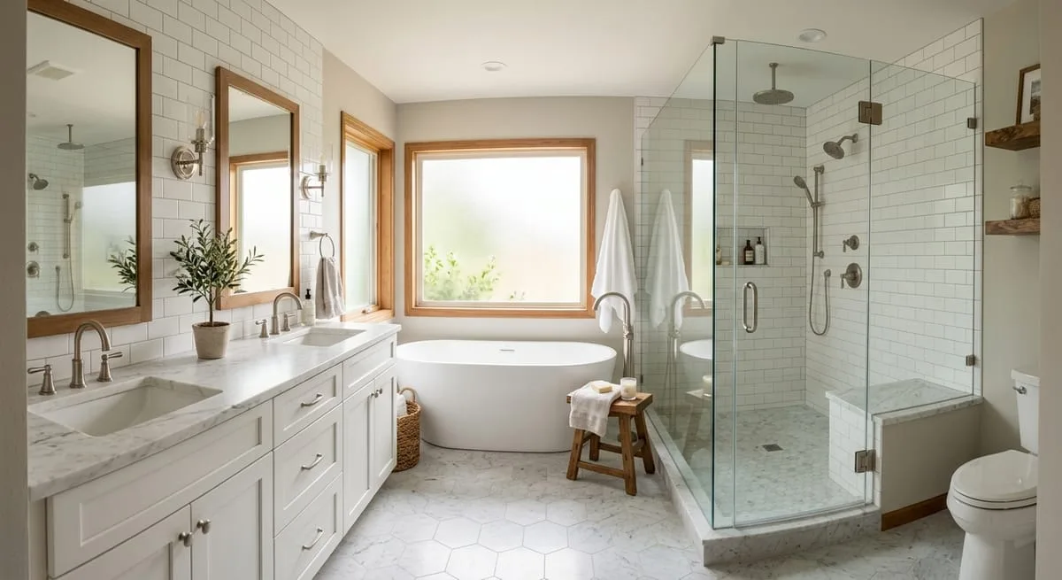 Transitional luxury master bathroom with shaker cabinets, honed stone counters, and frameless shower, ideal for North Atlanta resale