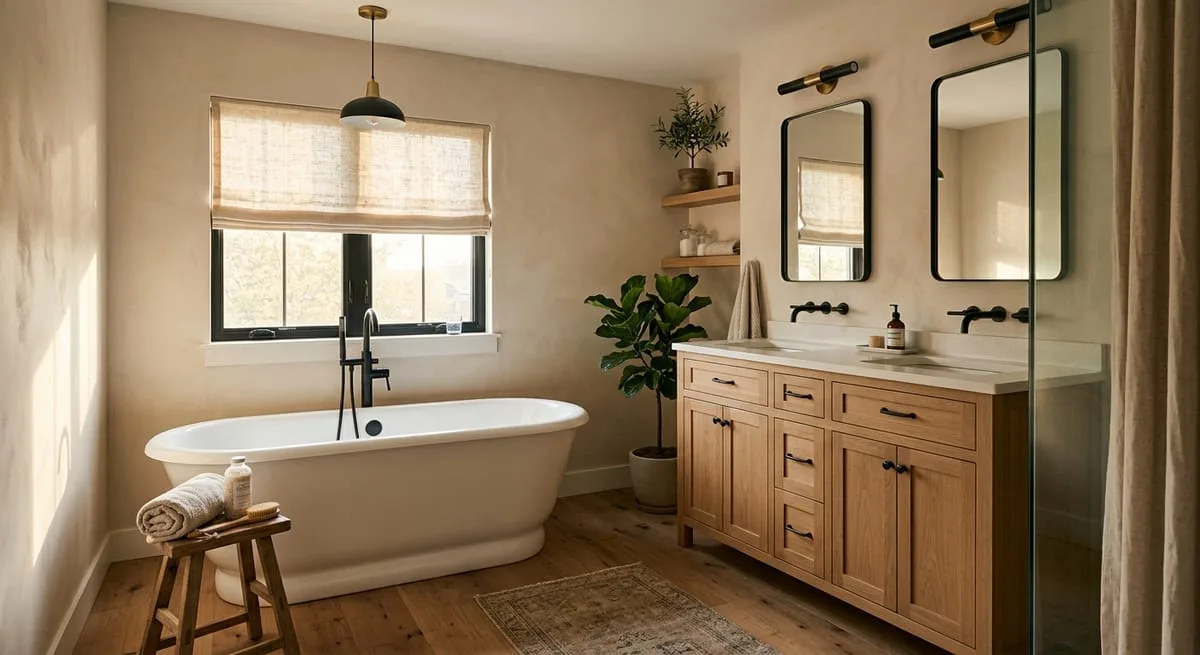 Modern farmhouse master bathroom with apron-front freestanding tub, matte black fixtures, and textured plaster wall in 2026 evolved style