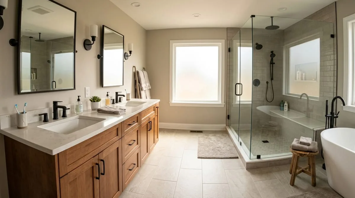 Mid-range master bathroom remodel cost result in North Atlanta showing walk-in shower, double vanity, and stone countertops