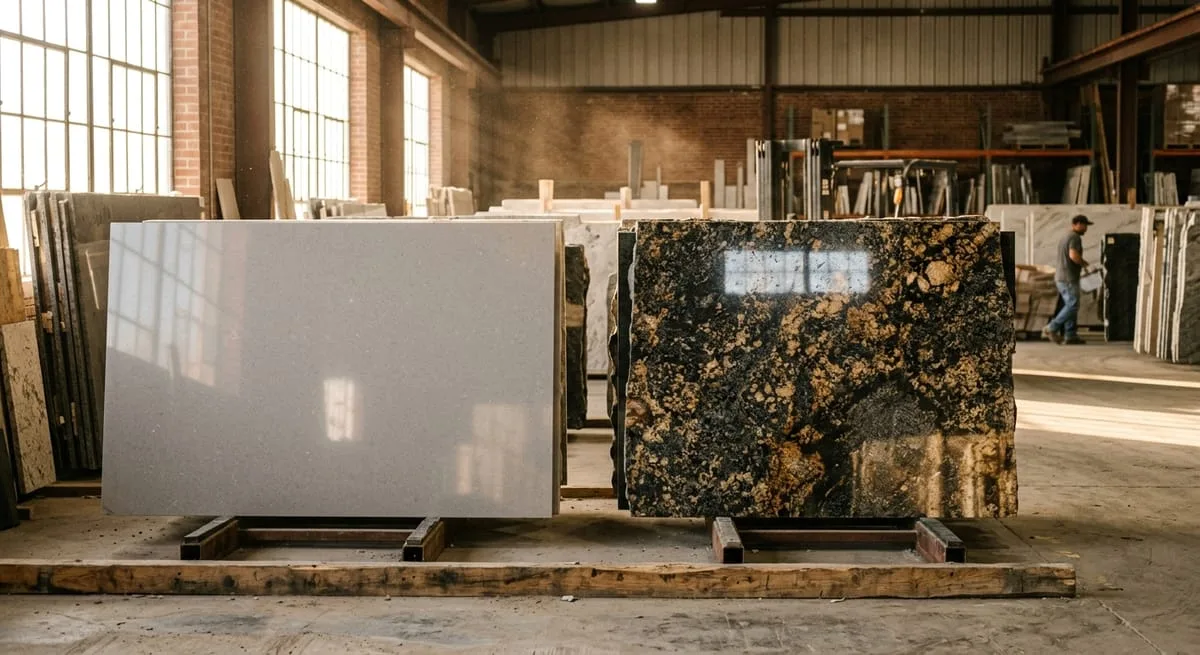 Quartz vs granite countertops comparison showing two polished slabs side by side highlighting surface texture differences