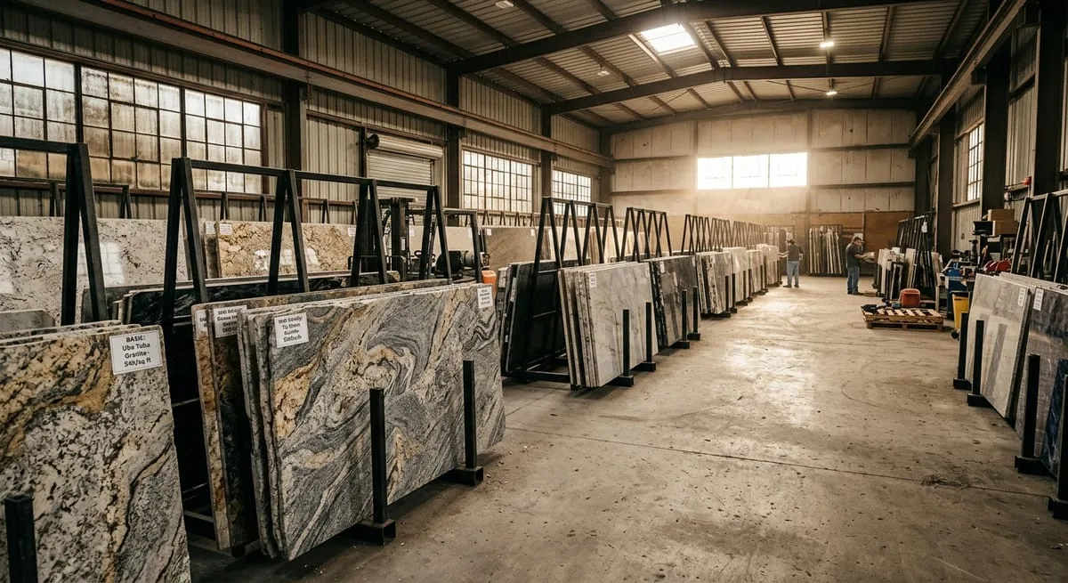 Granite and quartz slab selection at a North Atlanta stone yard showing countertop material options at various price points