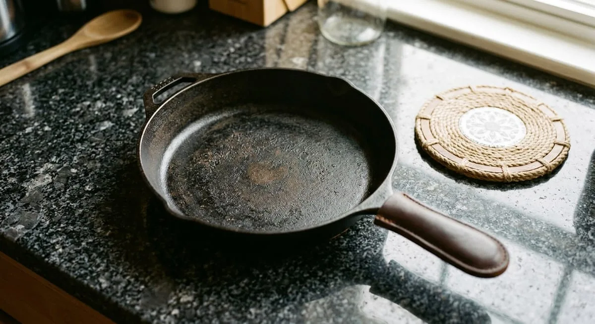 Cast iron skillet placed directly on granite countertop next to a trivet, demonstrating heat resistance differences between granite and quartz