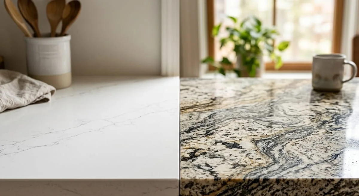 Side-by-side comparison of uniform quartz countertop and uniquely patterned natural granite slab in kitchen setting