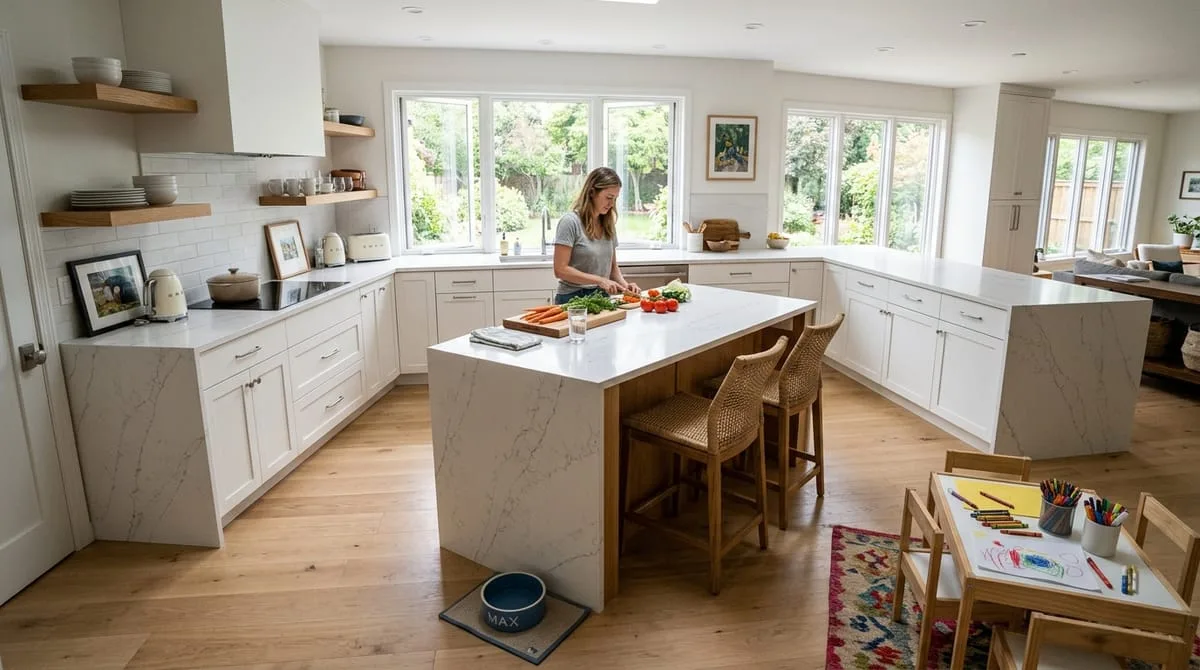 White quartz countertops with uniform veining across kitchen island and perimeter surfaces, ideal for families choosing quartz