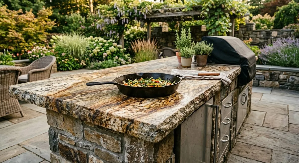 Outdoor kitchen with natural granite countertop showing unique veining and cast iron skillet, ideal for serious cooks