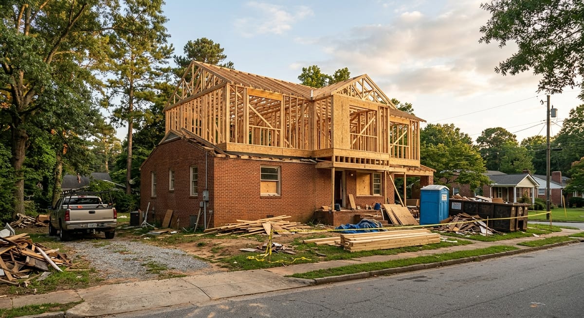 Second story addition cost Atlanta: ranch home with exposed framing during full second-floor construction in North Georgia suburb