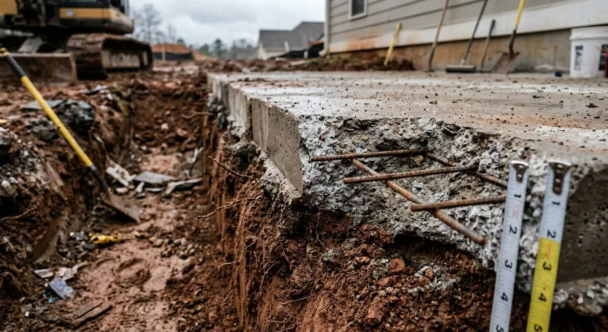 Exposed concrete slab foundation edge with rebar reinforcement and red clay soil, showing structural feasibility considerations for second story addition
