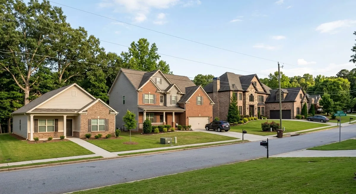 Three North Atlanta homes of increasing size illustrating income-to-build-budget ranges from 1,400 to 4,200 square feet
