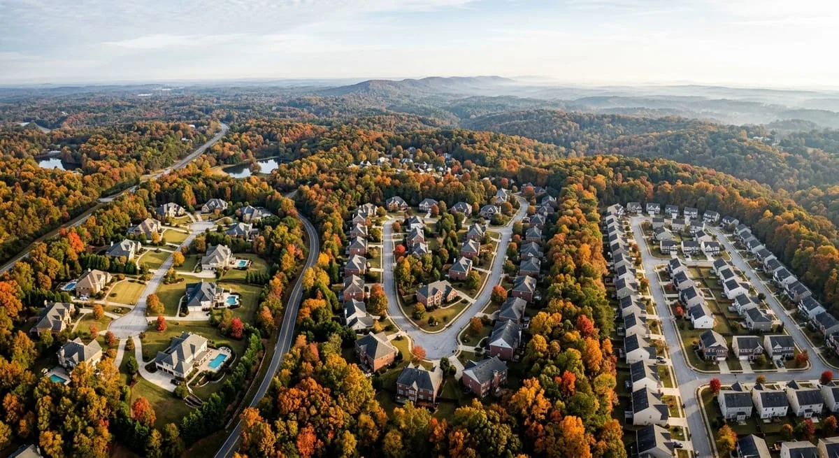 Aerial view of North Atlanta suburban neighborhoods showing varying home sizes and build costs across Cherokee and Fulton counties