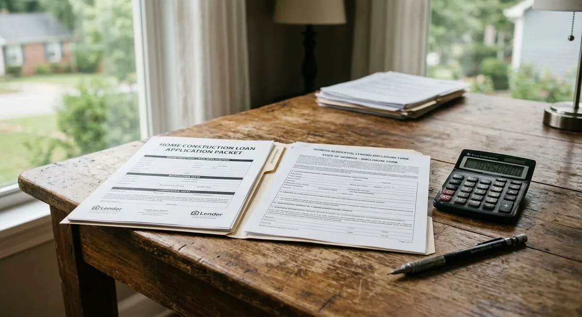 Construction loan application documents and calculator on a desk illustrating Georgia construction-to-permanent loan requirements in 2025