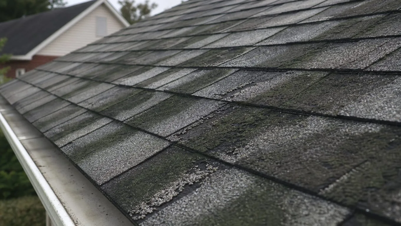 Algae black streaking on asphalt roof shingles in Georgia caused by Gloeocapsa magma growth and granule loss