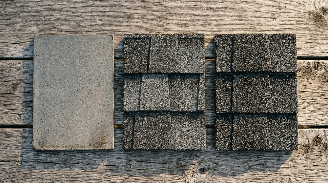 Asphalt shingle comparison showing 3-tab, architectural dimensional, and Class 4 impact-resistant shingles for Georgia homes