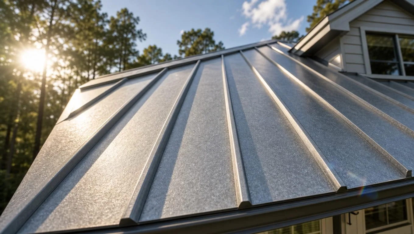 Standing seam metal roofing panels on a Georgia home showing raised seams and reflective Galvalume steel surface