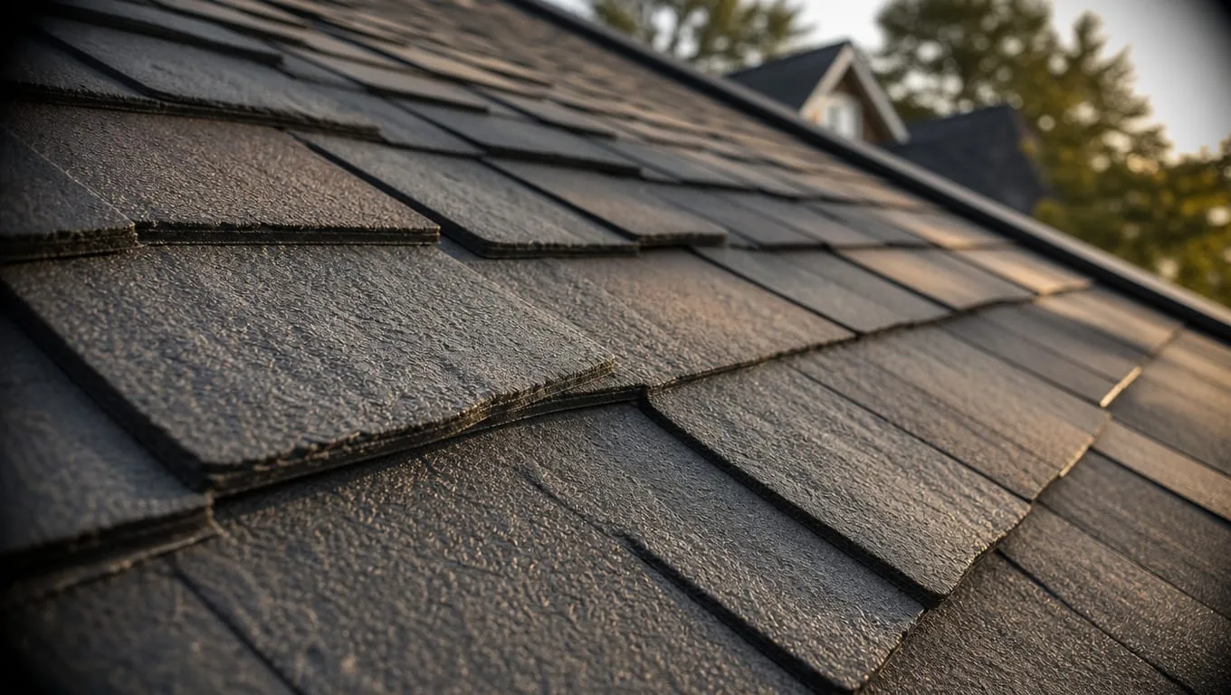 Composite synthetic shingles on a Georgia home roof showing slate-like texture and Class 4 impact-resistant surface detail
