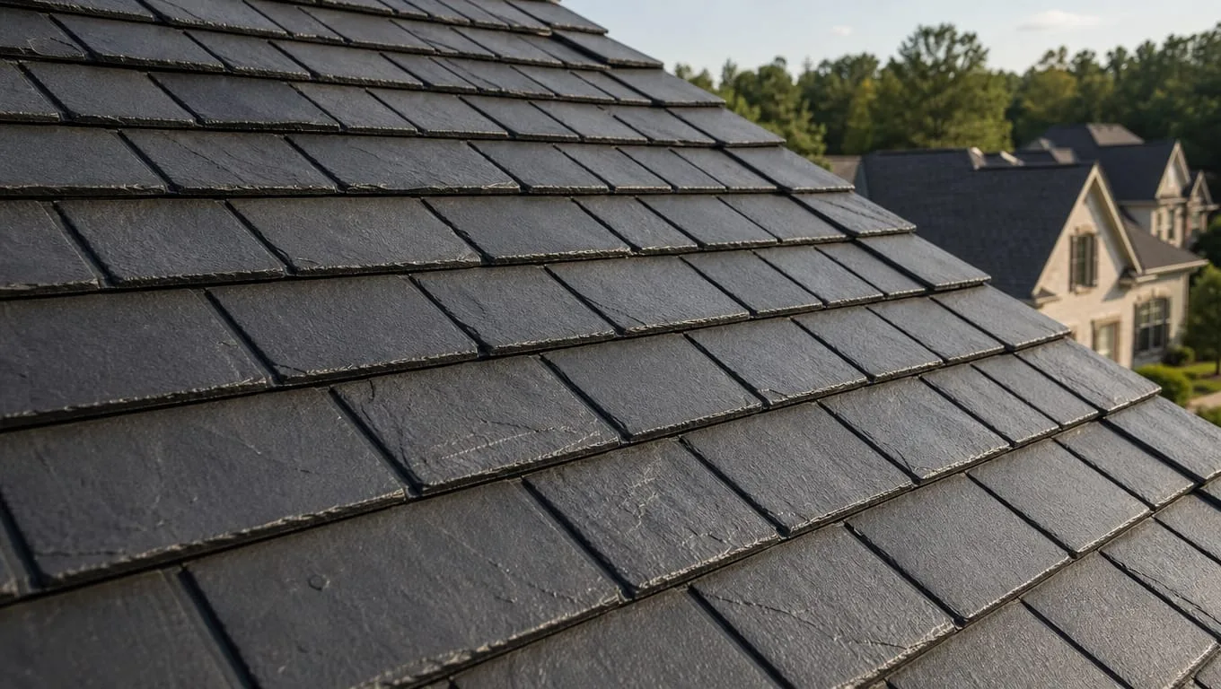 Synthetic slate roofing tiles on a high-end Georgia home showing dimensional texture and Class 4 impact-resistant material