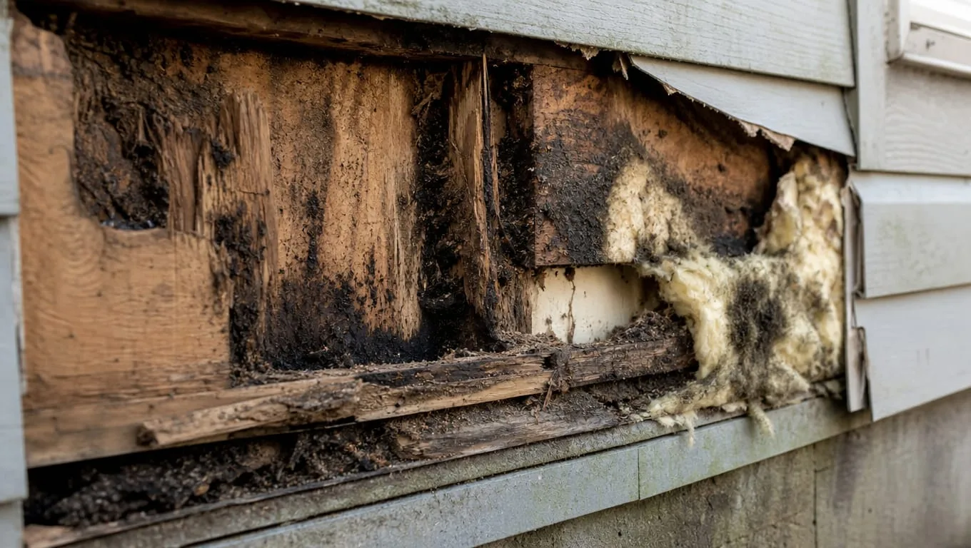 Failed exterior siding exposing rotted sheathing and moisture damage in a Georgia home wall cavity